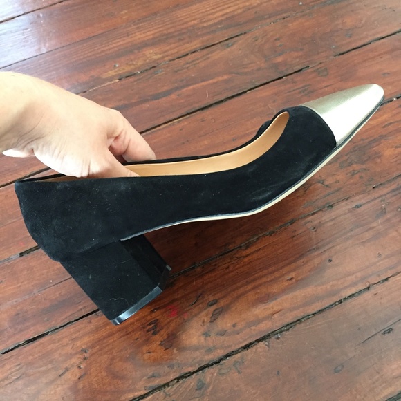 J.Crew black suede gold cap-toe block heels. 9.5 - Picture 2 of 6